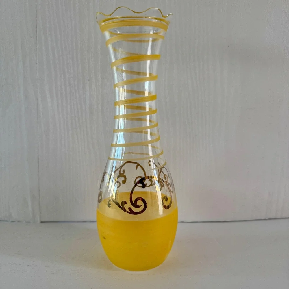 Vintage Style Yellow Hand Painted Glass Bud Vase Ruffled Rim Gold Filigree 9